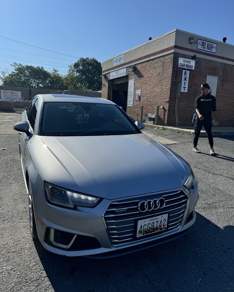Silver Audi A4 after a full service hand wash at Pro Wash, Washington DC